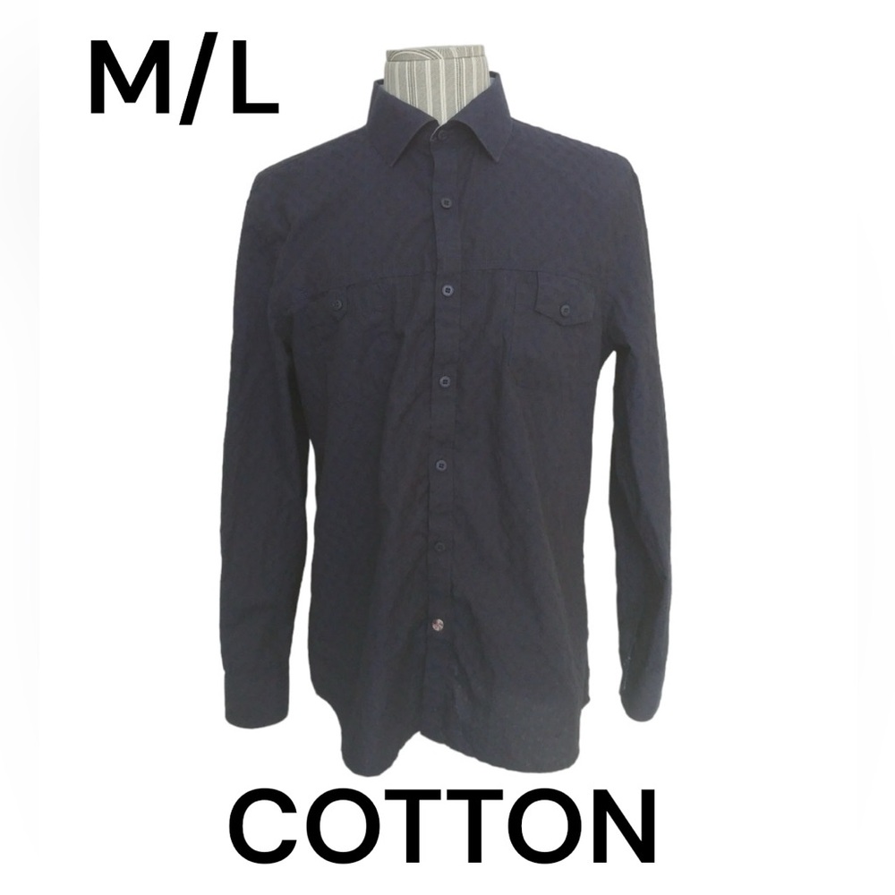 JOHN LENNON Cotton Dress Shirt Size **Large Button Down Navy Blue Polka Dots